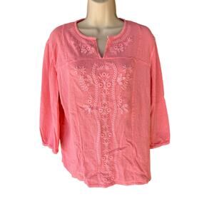 Fresh Produce Embroidered Pullover 3/4 Sleeve Tunic 100% Cotton Womens M Boho